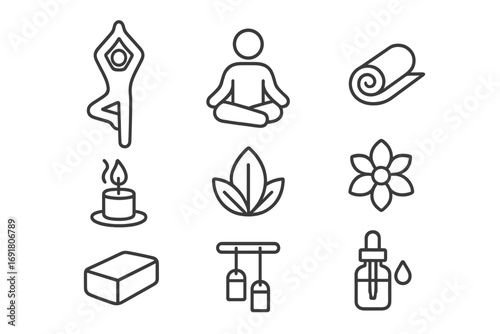 Yoga and meditation icon set in a minimalist line art style. Vector symbols for wellness, spa, health, and relaxation, including yoga mat, essential oil, and lotus pose.