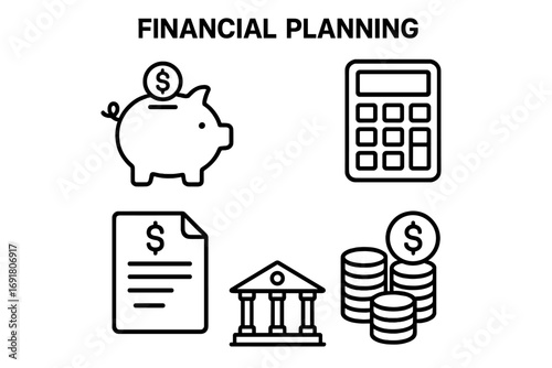 Financial planning icon set for money management and savings. Vector outline icons of piggy bank, budget, investment, banking, and calculation for business finance concept.