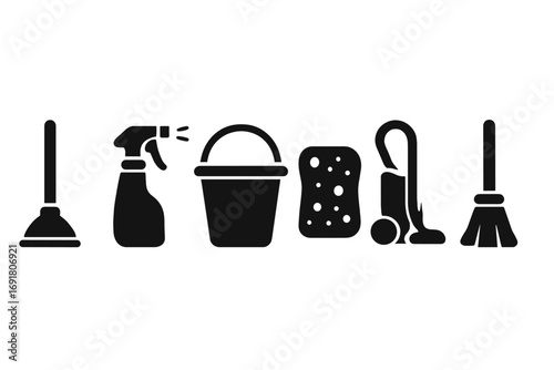 Cleaning tools icon set. Household cleaning service equipment symbols. Vector illustration of plunger, spray, bucket, sponge, vacuum and broom. Housekeeping concept.