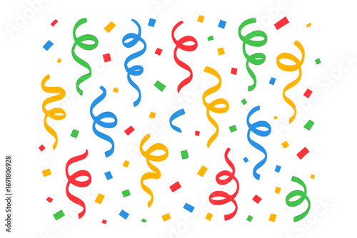 Colorful confetti and serpentine streamers falling. Vector illustration for celebration, party, birthday, or carnival. Festive holiday background pattern in flat cartoon style.