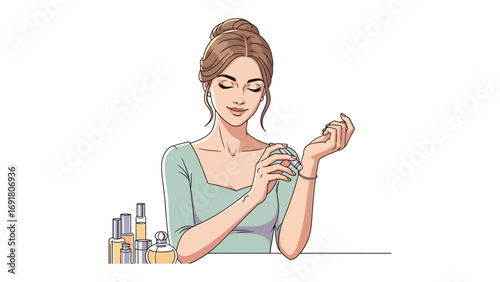 Elegant woman with her hair in a bun applying perfume to her wrist with a serene expression and makeup bottles nearby
