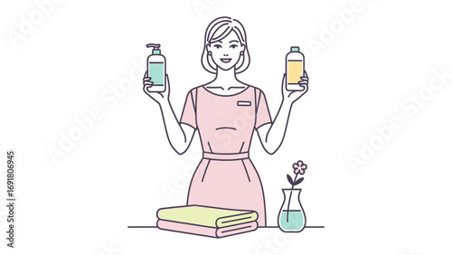 A cheerful woman in an apron holds two bottles of cleaning products surrounded by cleaning supplies and folded cloths
