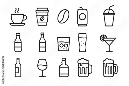 Beverage and drink line icon set. Coffee, beer, wine, cocktail, soda icons. Minimal outline pictogram collection. Simple vector symbols for bar, cafe menu and web design.