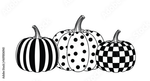 Vector art of three patterned pumpkins in black and white