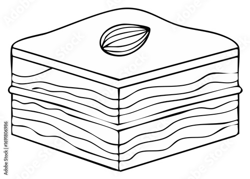 Baklava pastry dessert with almond on top simple black and white line drawing