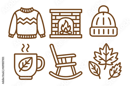 Cozy autumn icon set. Line art vector illustration of sweater, fireplace, hat, mug, rocking chair, leaves. Fall comfort, warmth, home relaxation, hygge lifestyle concept.