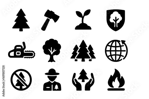 Forestry conservation solid glyph icon set. Ecology environment symbols. Deforestation, reforestation, planting tree seedling. Logging axe, chainsaw. Forest fire, ranger, nature protect.