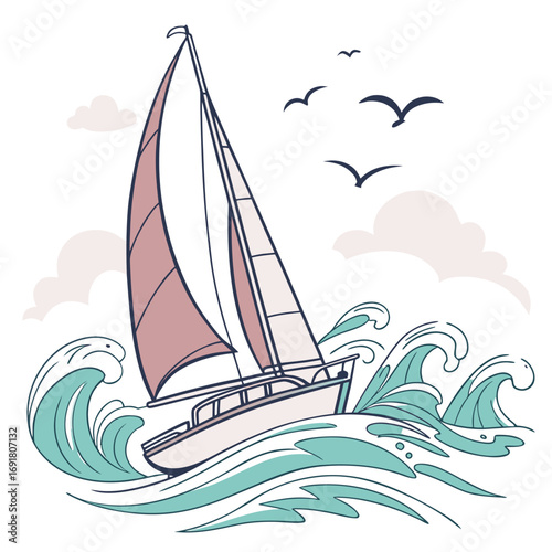 Stylized sailboat with pink sails navigating rough turquoise waves with birds and clouds sailing ocean