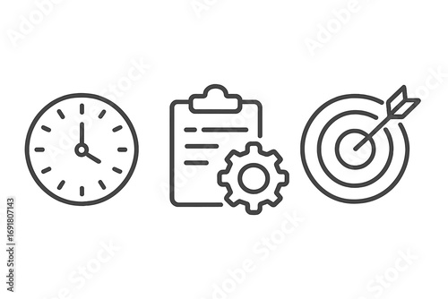 Minimalist linear icons for time management, productivity, and goal setting. Vector illustration set for business efficiency, project workflow, deadlines, and target achievement.