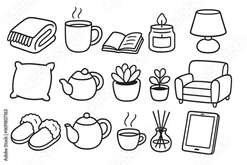 Cozy home essentials line art icons set for relaxation and comfort. Vector cartoon doodle illustration. Hygge lifestyle and self-care concept with simple outline objects.