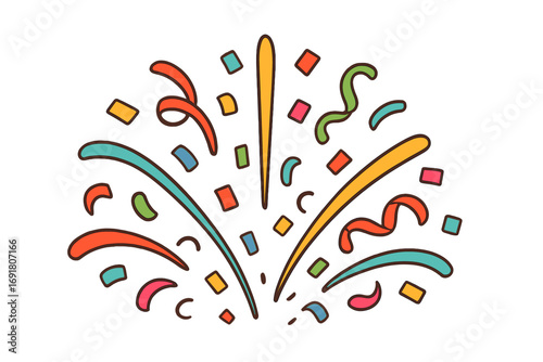 Confetti splash vector illustration. Colorful party popper explosion with ribbons. Flat cartoon design for celebration, festival, carnival, anniversary and birthday surprise.