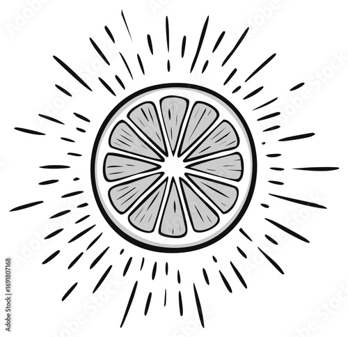 Stylized comic book style illustration of a vibrant citrus slice with radiating sunburst lines