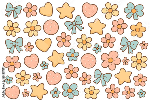 Cute kawaii seamless pattern with pastel cookies, flowers, and bows. Vector cartoon background for kids. Girlish sweet food texture for fabric, print, or wallpaper design.