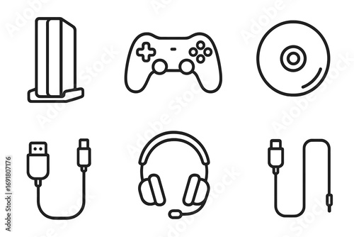 Gaming icon set with video game console and accessories. Outline vector icons of controller, headset, game disc, and cables. Line art for digital entertainment and gameplay.