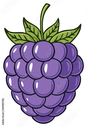 Vibrant cartoon blackberry with green leaves and stem.
