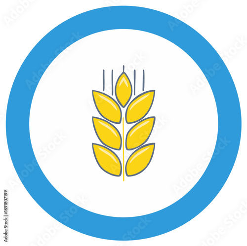 Stylized golden wheat ear icon symbol in a blue circle representing agriculture or food