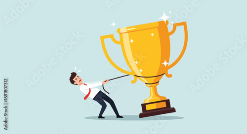 Businessman Struggling to Pull a Large Golden Trophy