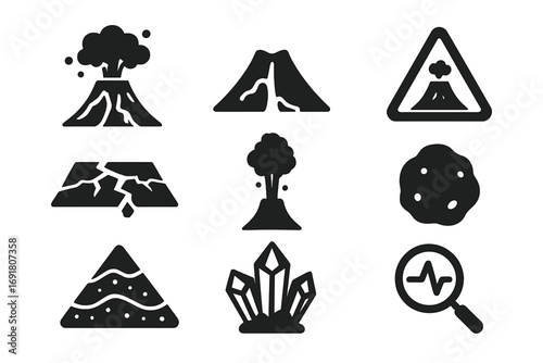 Geology eruption silhouette icons set. Volcanic hazard, magma, and lava symbols. Flat solid vector for seismology, earthquake, and tectonic plate concepts. Crystal mineral rock.
