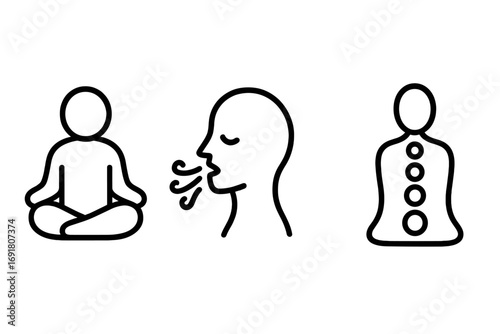 Mindfulness meditation icon set vector. Minimalist line art of yoga lotus pose, breathing exercise, and chakra symbols. Wellness, relaxation, and mental health concept.