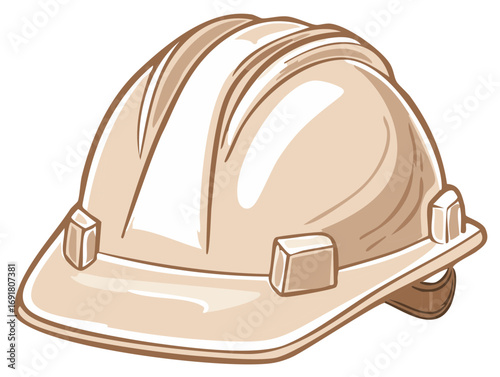 Illustration of a tan colored construction hard hat with brown outlines and a brim