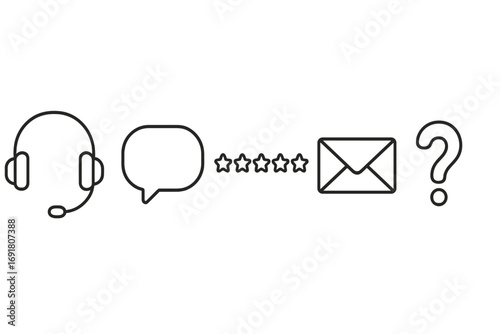 Customer support icon set. Contact us symbols for helpdesk and client service. Thin line icons for communication, feedback, and assistance. Includes headset, chat, rating, email, FAQ.