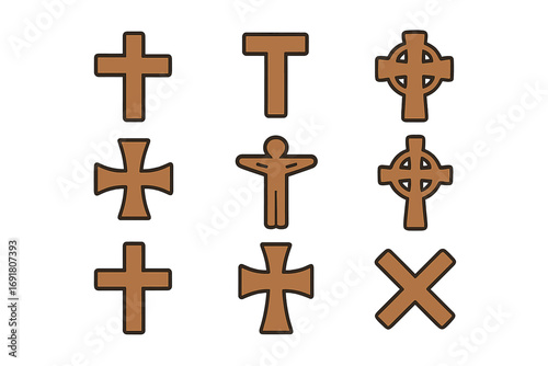 Christian cross vector icon set. Various religious symbols collection including Latin, Celtic, and crucifix icons. Faith, spirituality, and church design elements illustration.
