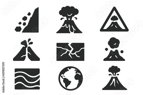 Volcano eruption & geology disaster icon set. Flat silhouette symbols for earthquake, landslide, tsunami & lava flow. Natural hazard & warning signs vector illustration.