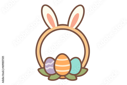 Easter frame with rabbit ears and eggs. Vector cartoon illustration for spring holiday decoration. Cute bunny headband hoop for festive design, egg hunt celebration and greeting cards.