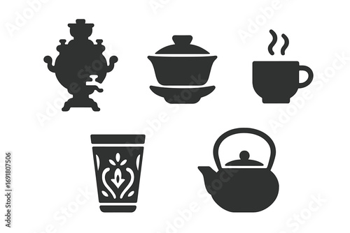 Global tea culture solid icon set. Vector glyphs of international tea ceremony items: Russian samovar, Chinese gaiwan, masala chai cup, Moroccan glass, Japanese teapot. Hot drink.
