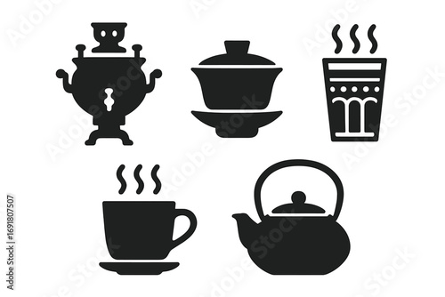 Tea icon set vector glyphs. Global tea culture symbols. Samovar, gaiwan, Moroccan glass, teapot, and cup silhouettes. Hot drink beverage for cafe menu design element collection.