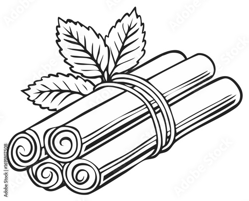 Cinnamon sticks bundle with mint leaves black and white outline sketch vector illustration
