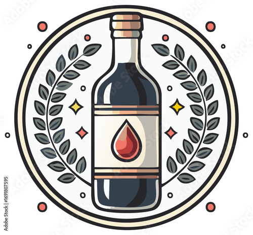Illustration of a bottle with a drop symbol inside a circle, with floral elements