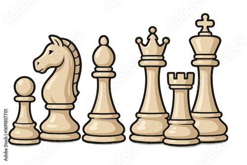 Chess pieces vector icon set. Cartoon illustration of white chessmen: king, queen, rook, bishop, knight, pawn. For board game, strategy, business tactics, and competition.