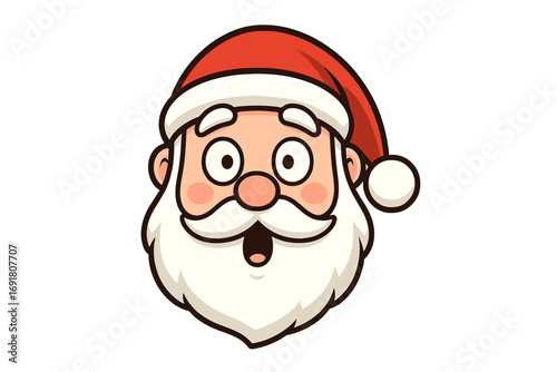 Santa Claus face with surprised wow emotion. Shocked Christmas character head icon. Cute Xmas holiday cartoon mascot. Funny man portrait with beard and red hat for New Year.