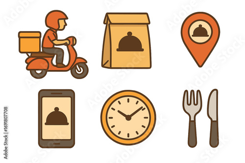Food delivery service icon set. Vector illustration of courier on scooter, takeout package, GPS location, smartphone app, fast delivery clock, and utensils for online ordering.