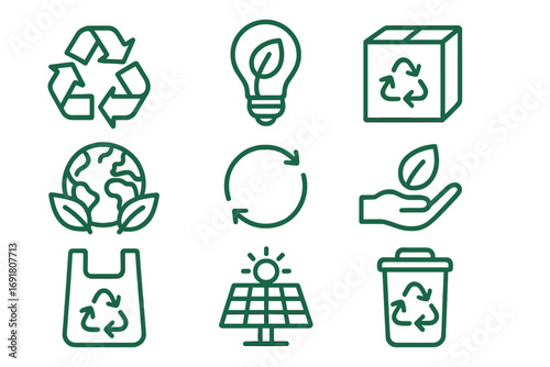 Eco-friendly linear icon set. Recycling and sustainability symbols for green initiatives. Vector icons of planet earth, solar panel, recycle bin and green energy concept.