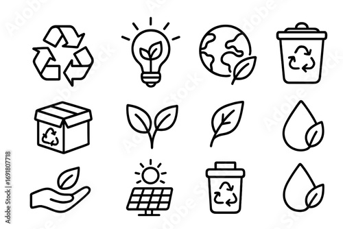 Eco friendly linear icons collection. Sustainability and recycling theme for green initiatives. Vector set with renewable energy, zero waste, conservation, and nature symbols.