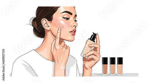 Young woman applying liquid foundation makeup to her face with her fingers showcasing beauty and cosmetic product application techniques