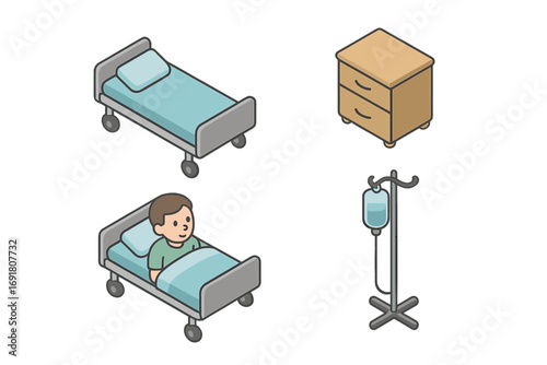 Isometric hospital icon set. Inpatient ward environment with patient in bed, IV drip stand, and bedside table. Medical and healthcare vector cartoon flat illustration concept.