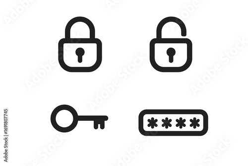 Security icon set with padlock, key, and password symbols. Minimalist line icons for data protection, user authentication, web login, privacy, access, and cyber safety.