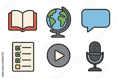 Education and e-learning icon set with book, globe, checklist, and microphone. Vector illustration for online course, school, university, study, knowledge, and communication.
