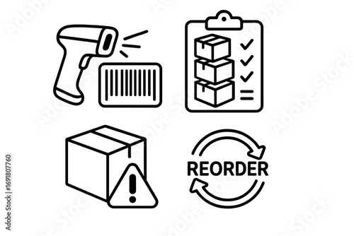 Inventory management outline icon set. Barcode scanner, stock list, low stock alert, reorder symbol. Logistics and supply chain vector icons for warehouse operations.