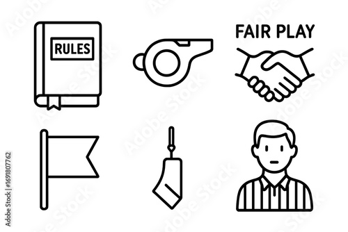 Fair play and sportsmanship outline icon set. Vector icons of ethics, integrity, and competition. Includes rulebook, whistle, handshake, referee, and penalty flag.