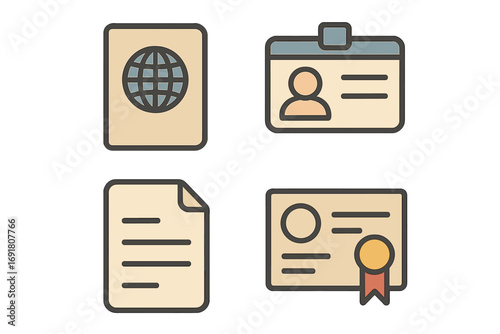 Essential personal document icons set with passport, ID card, resume, and certification symbols. Vector illustration for identity, profile, verification, and legal concepts.