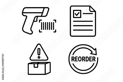 Inventory management outline icon set. Logistics and warehouse concepts. Barcode scanner, stock list, low stock alert, reorder symbol. Supply chain vector icons.