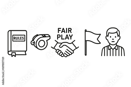 Fair play and sportsmanship linear icon set. Rulebook, whistle, integrity handshake, referee, and competition flag. Vector symbols for ethics, honesty, and fair competition.