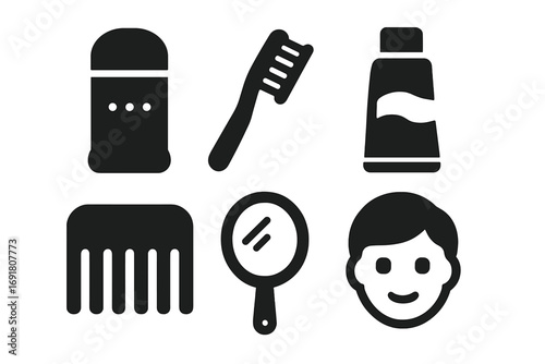 Hygiene icon set solid glyphs. Personal self-care and daily grooming items. Vector collection with deodorant, toothbrush, toothpaste, comb, mirror and face symbols.
