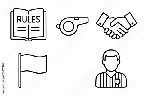 Fair play and sportsmanship outline icon set. Vector collection of ethics, competition rules, and regulations symbols. Includes referee, whistle, rulebook, and handshake icons.
