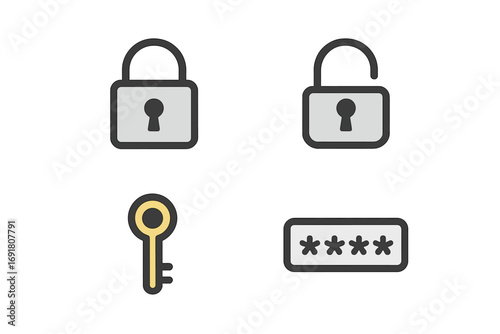 Minimalist security icon set with padlocks, key, and password field. Vector illustration for web and app design. Concepts of protection, privacy, access, login, and authentication.