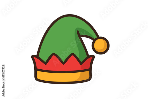 Elf hat vector icon. Christmas holiday decoration. Santa's little helper cute cartoon costume accessory. Festive winter flat design symbol isolated on transparent background.